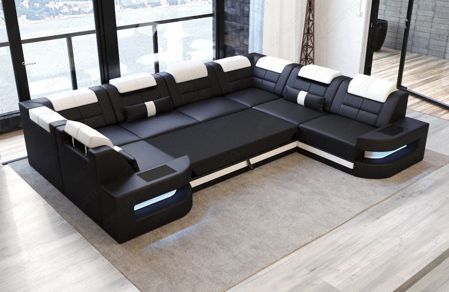 Stoff Wohnlandschaft Como U-Form mit LED Dunkelgrau-Weiß