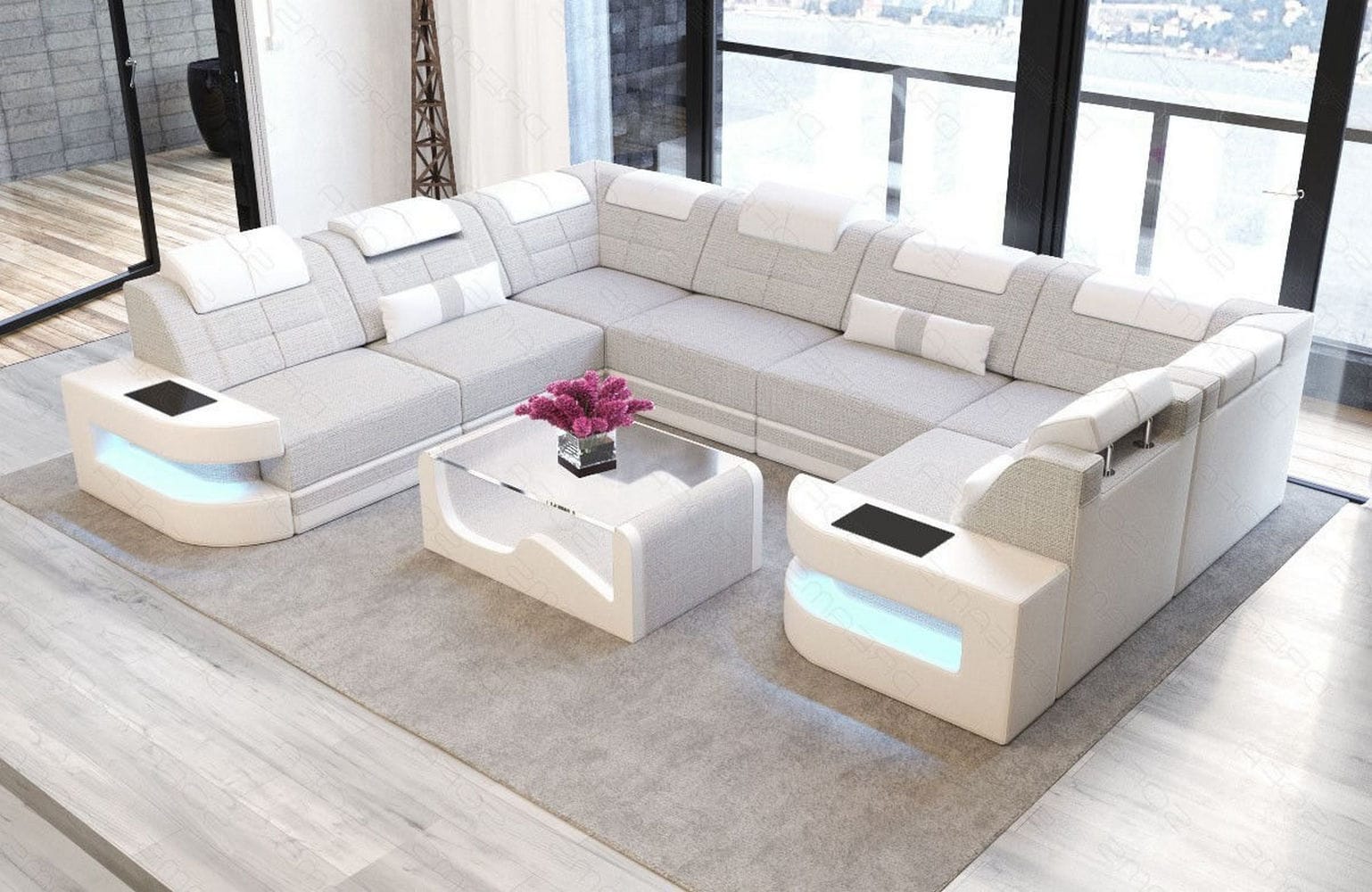 Stoff Wohnlandschaft Como U-Form mit LED Macchiato-Weiß