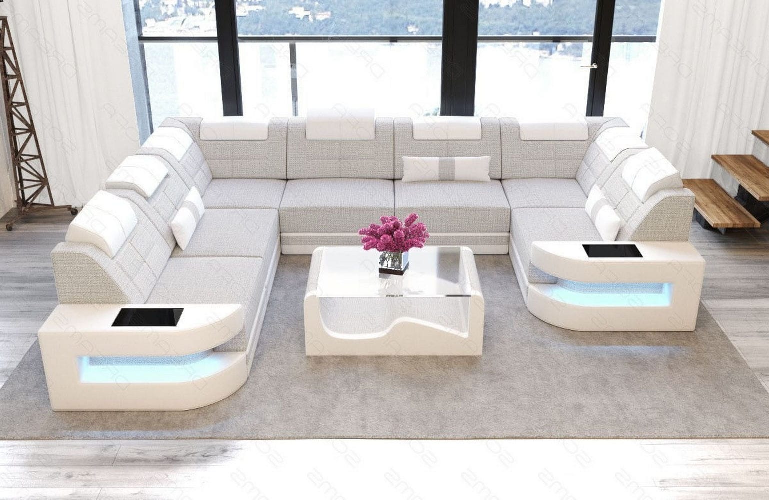 Stoff Wohnlandschaft Como U-Form mit LED Macchiato-Weiß