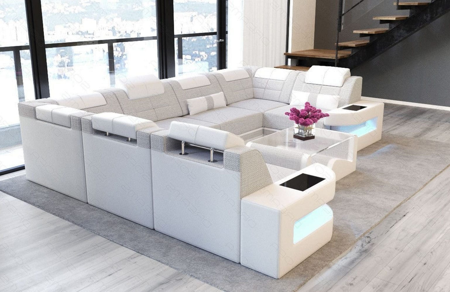 Stoff Wohnlandschaft Como U-Form mit LED Macchiato-Weiß