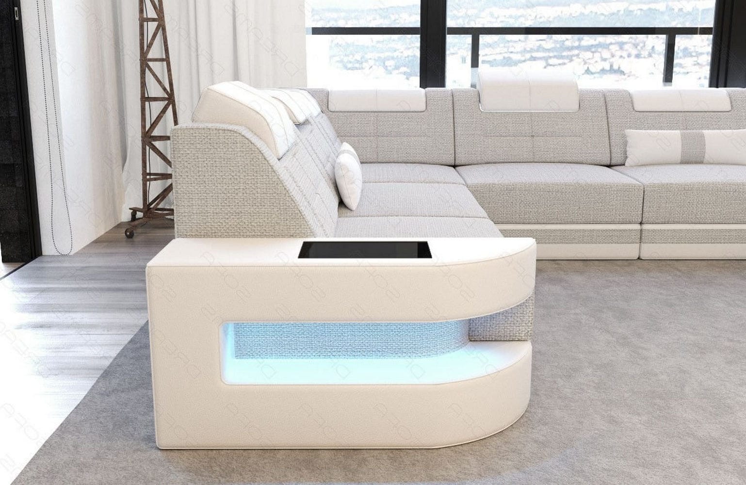 Stoff Wohnlandschaft Como U-Form mit LED Macchiato-Weiß