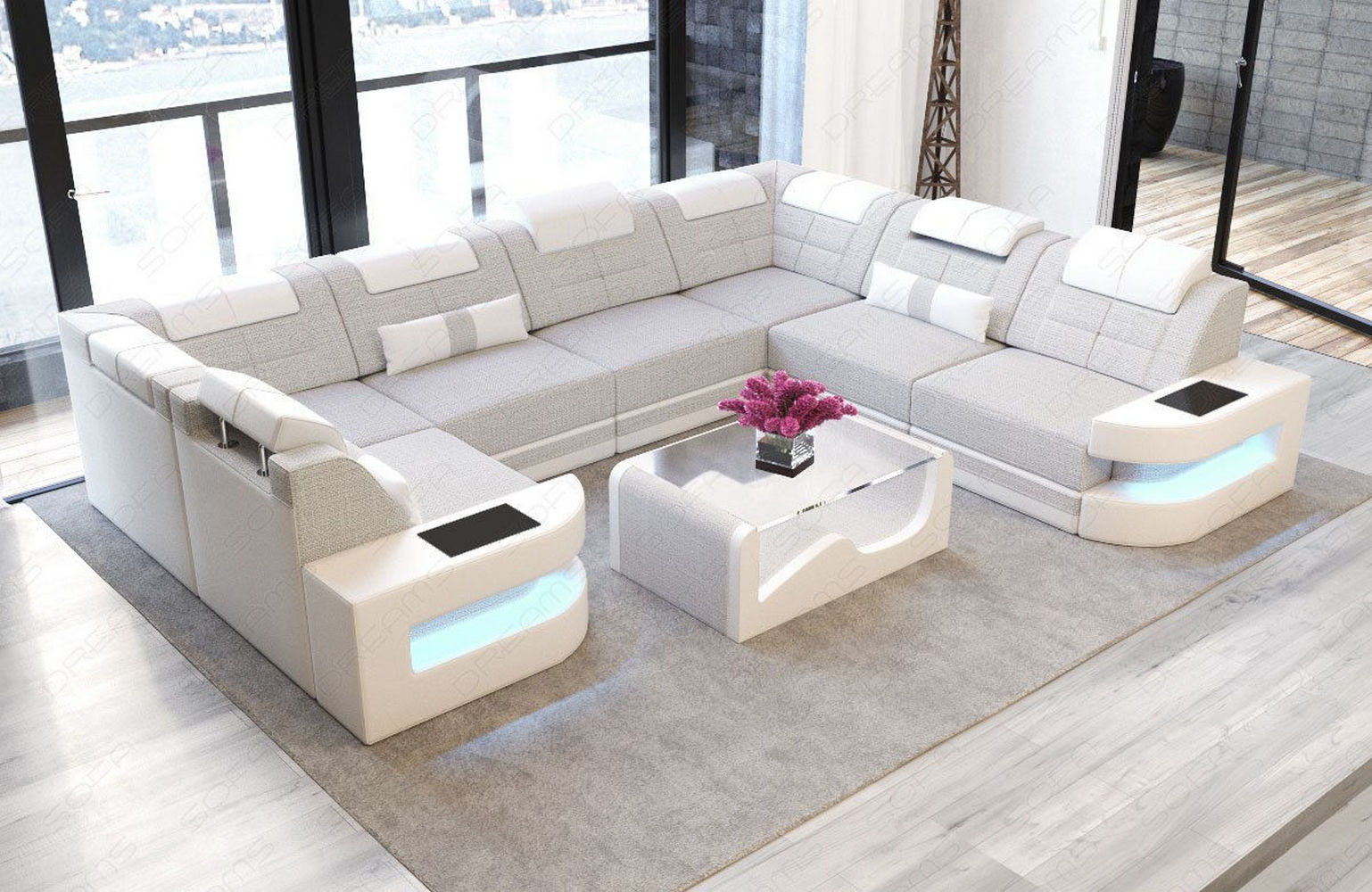 Stoff Wohnlandschaft Como U-Form mit LED