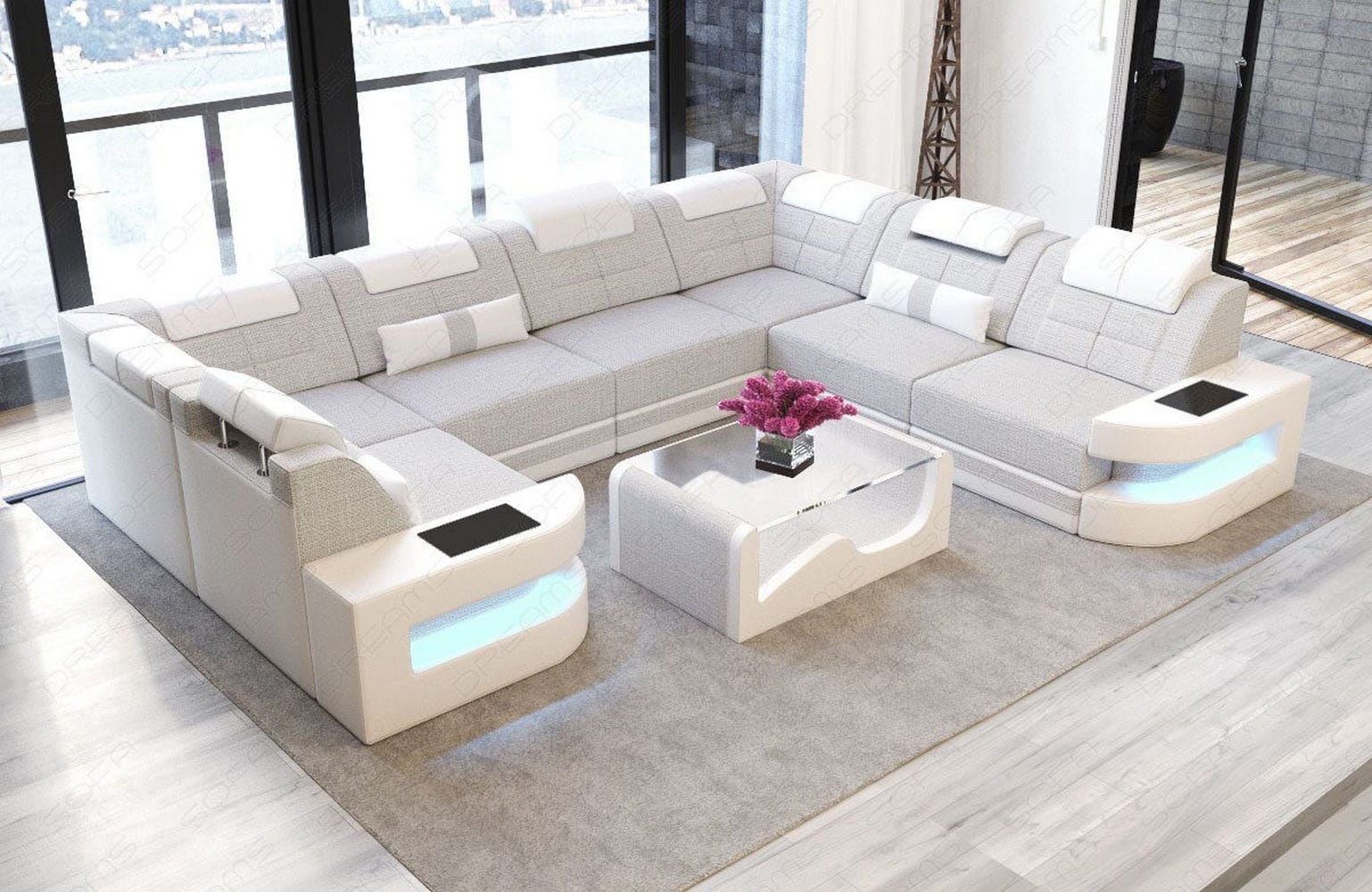 Stoff Wohnlandschaft Como U-Form mit LED Macchiato-Weiß