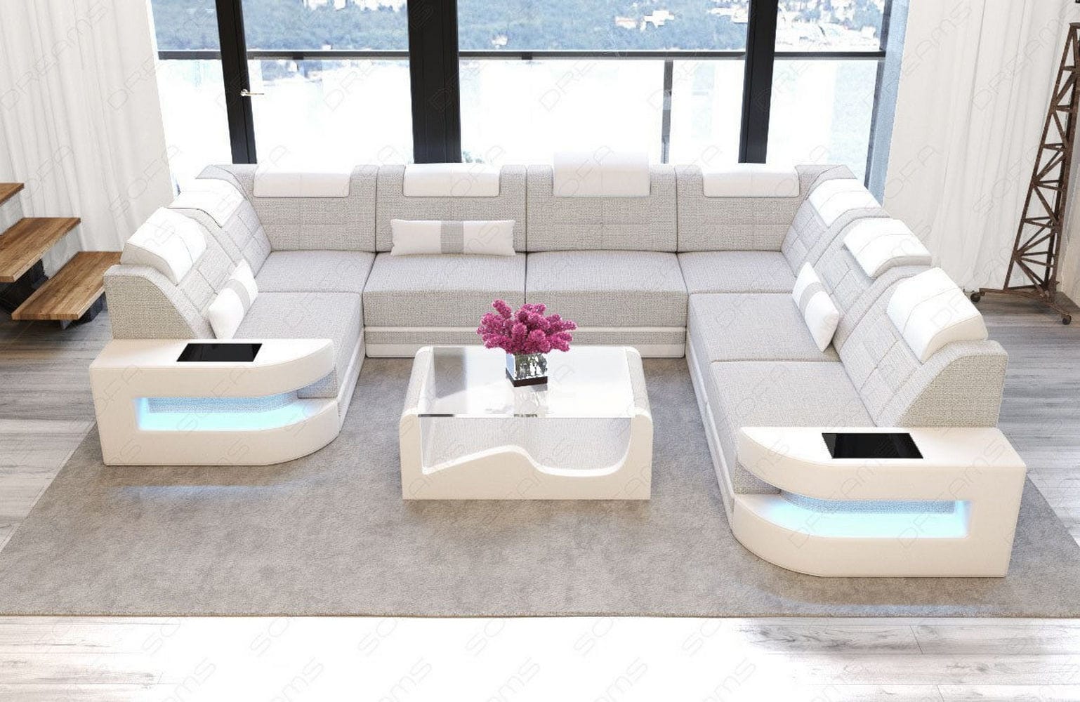 Stoff Wohnlandschaft Como U-Form mit LED Macchiato-Weiß