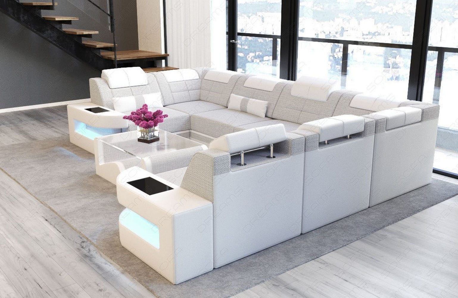 Stoff Wohnlandschaft Como U-Form mit LED Macchiato-Weiß