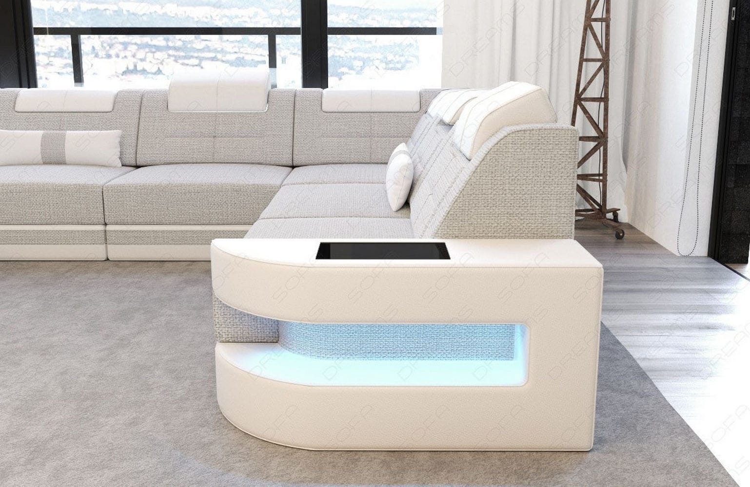 Stoff Wohnlandschaft Como U-Form mit LED Macchiato-Weiß