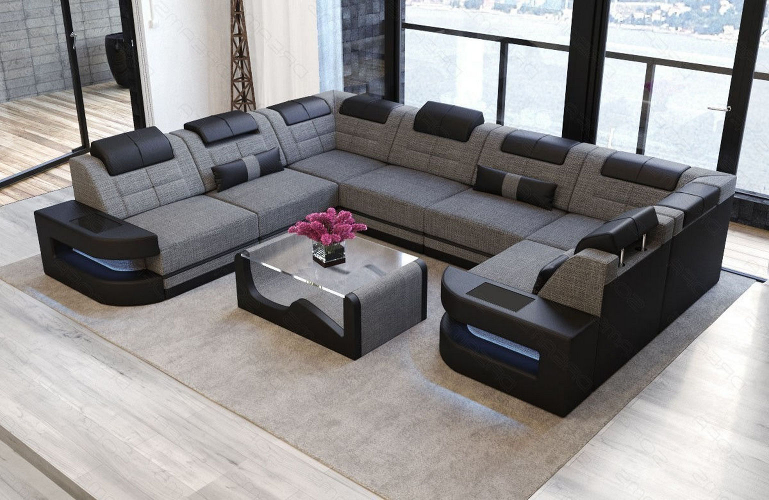 Stoff Wohnlandschaft Como U-Form mit LED