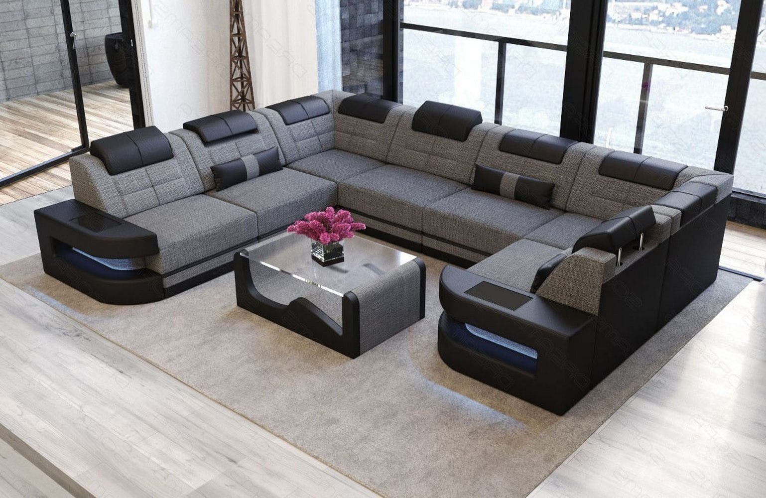 Stoff Wohnlandschaft Como U-Form mit LED Grau-Schwarz