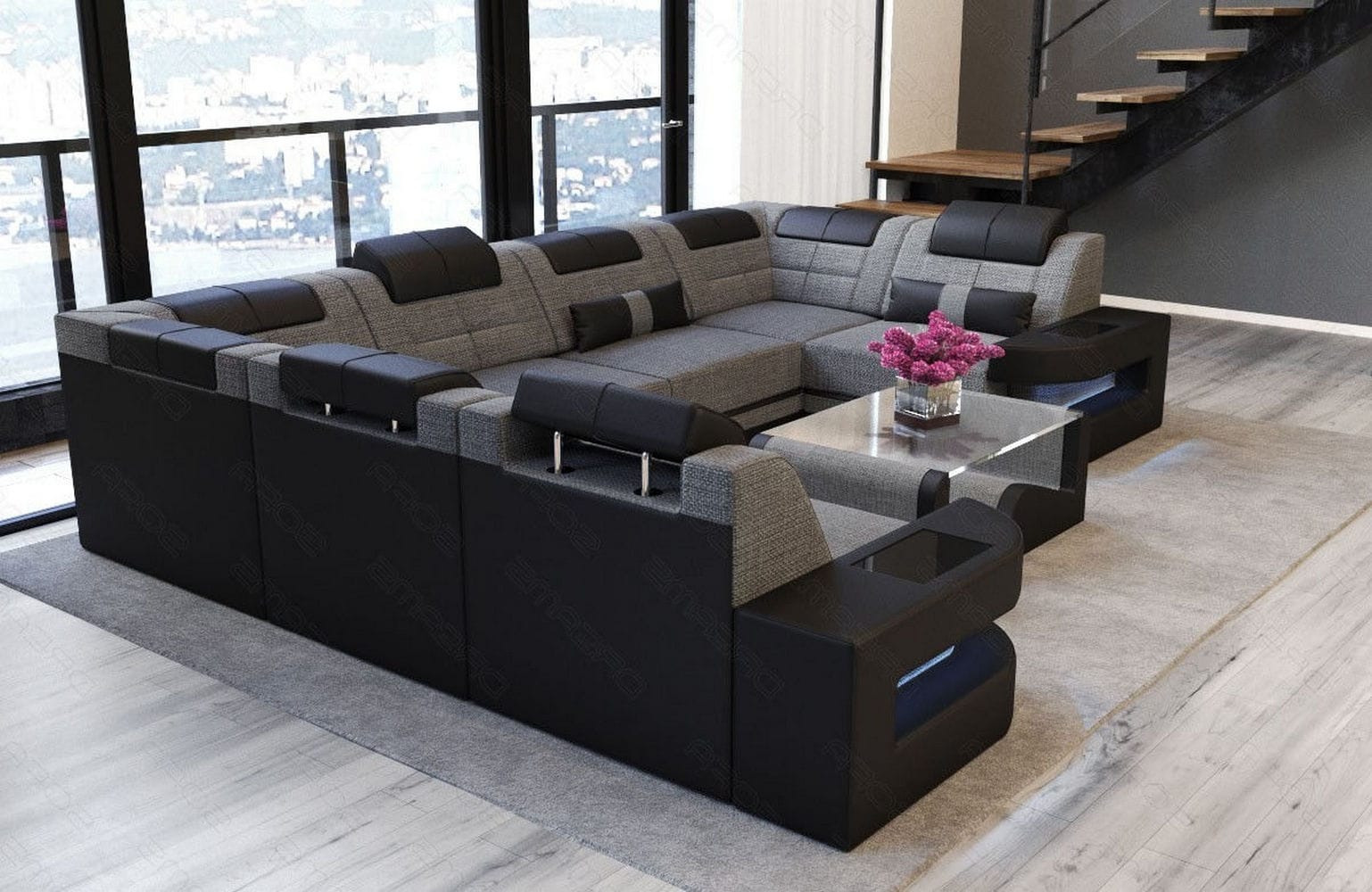 Stoff Wohnlandschaft Como U-Form mit LED Grau-Schwarz