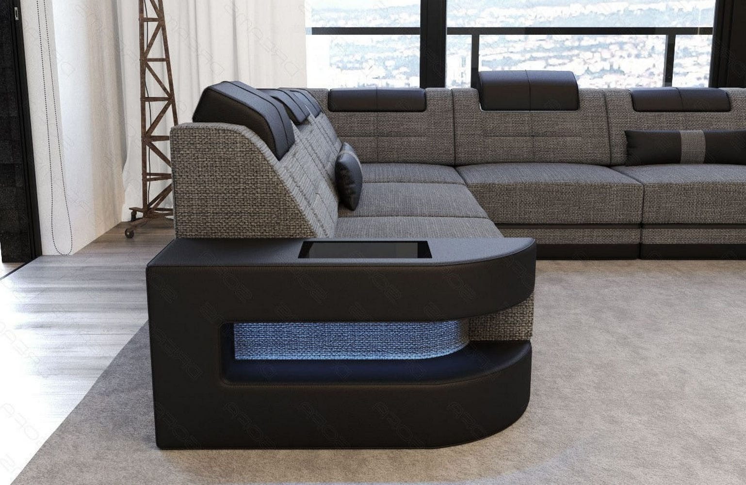 Stoff Wohnlandschaft Como U-Form mit LED Grau-Schwarz