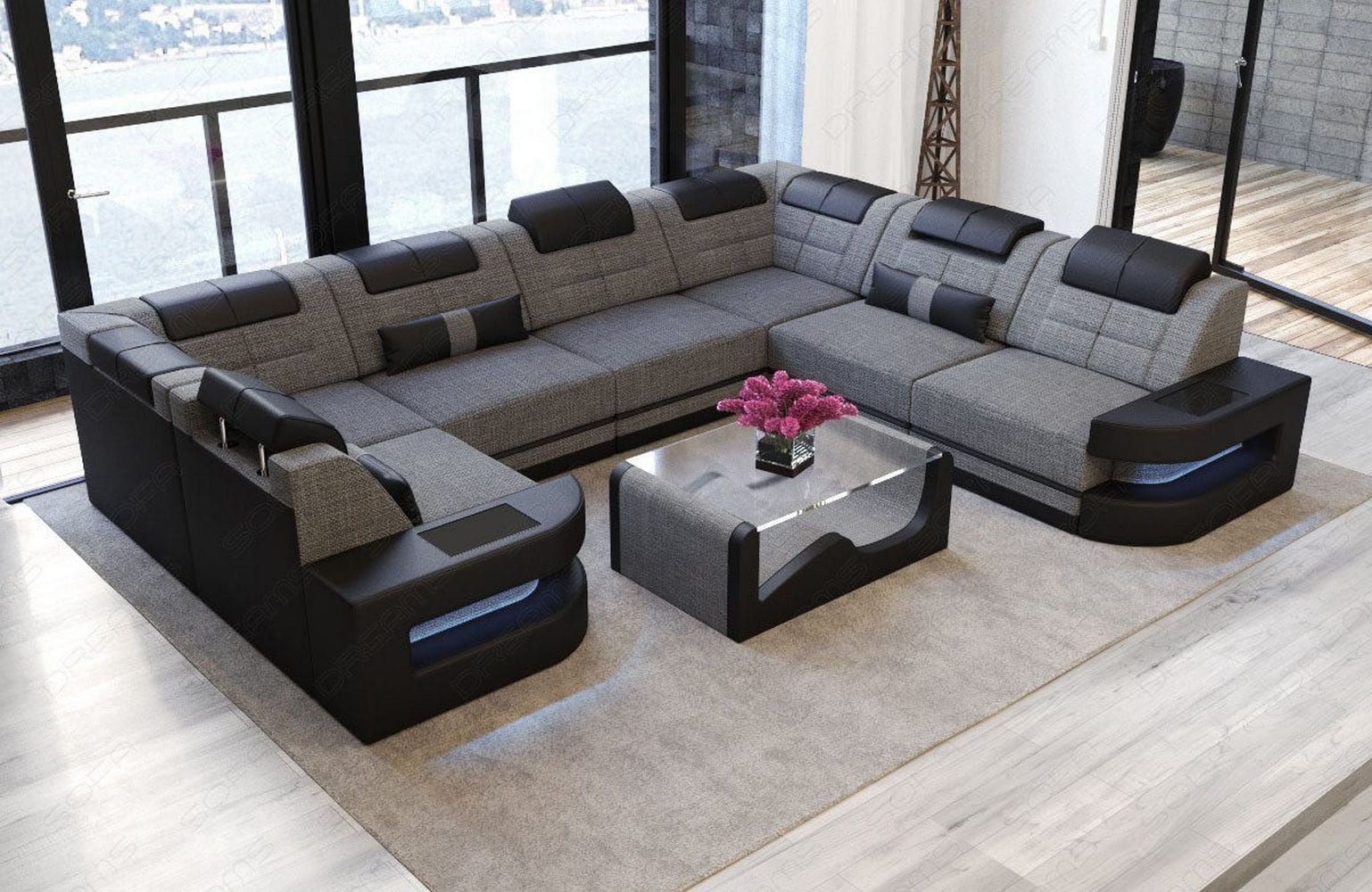 Stoff Wohnlandschaft Como U-Form mit LED Grau-Schwarz