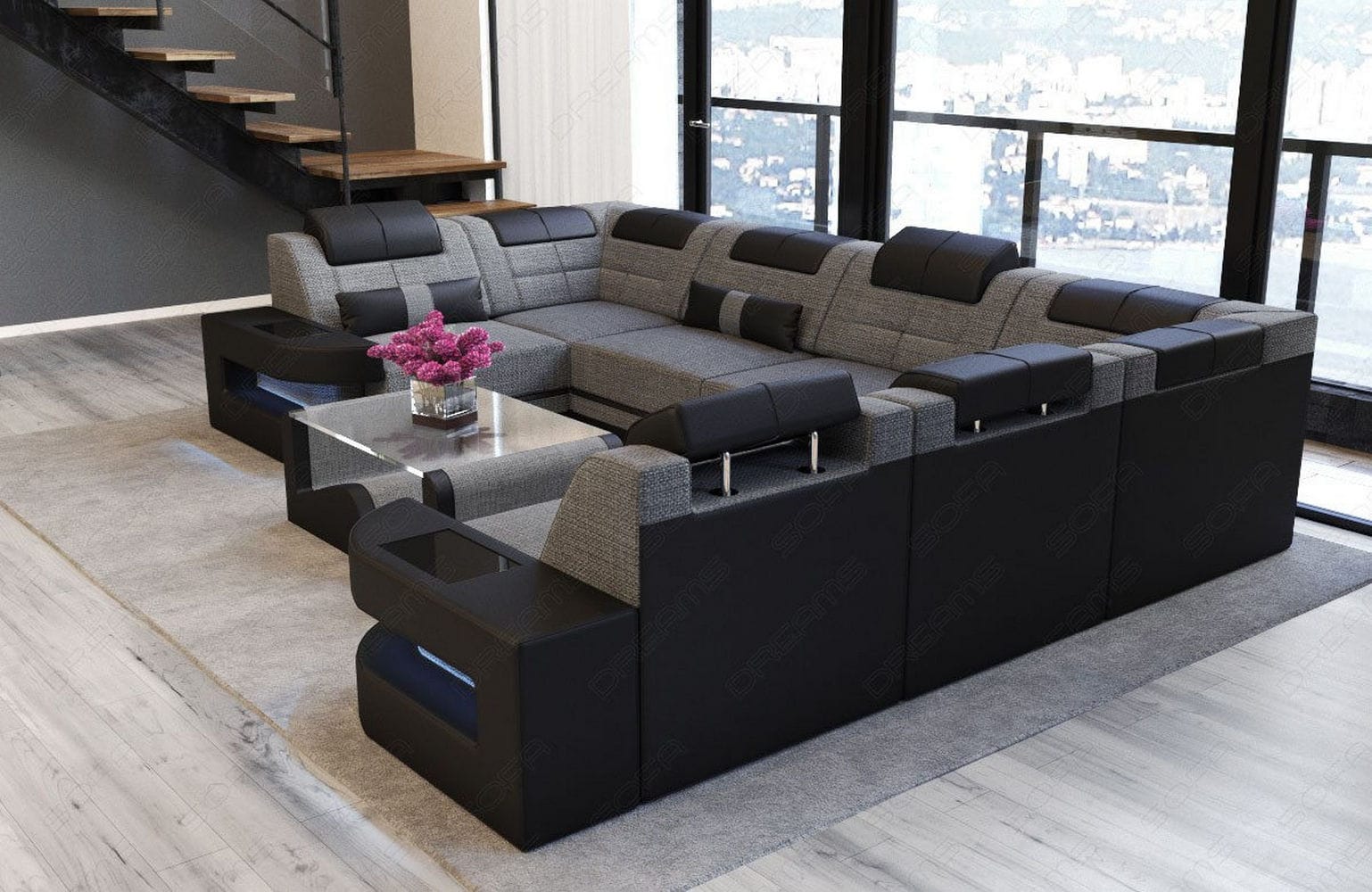 Stoff Wohnlandschaft Como U-Form mit LED Grau-Schwarz