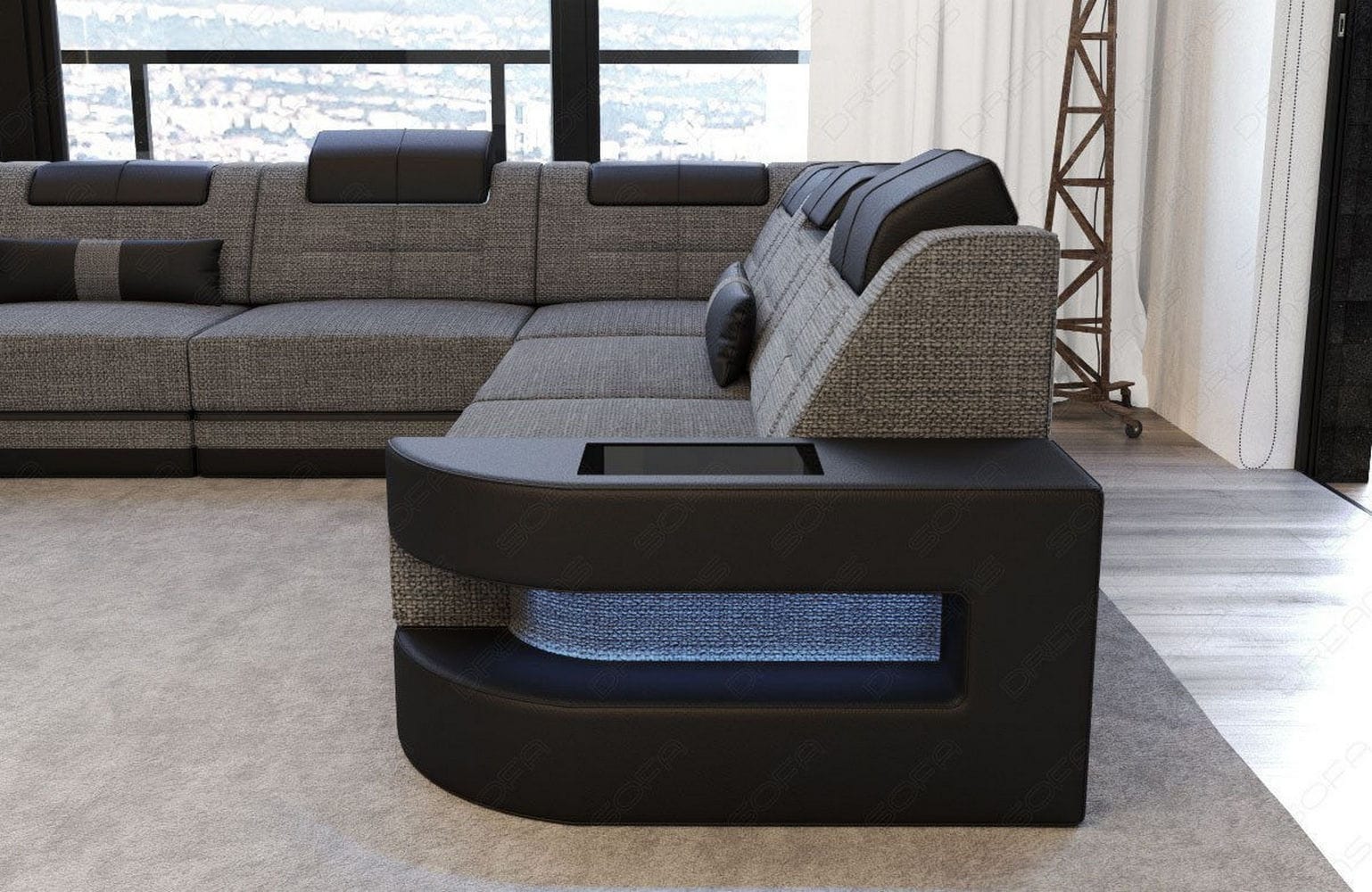 Stoff Wohnlandschaft Como U-Form mit LED Grau-Schwarz