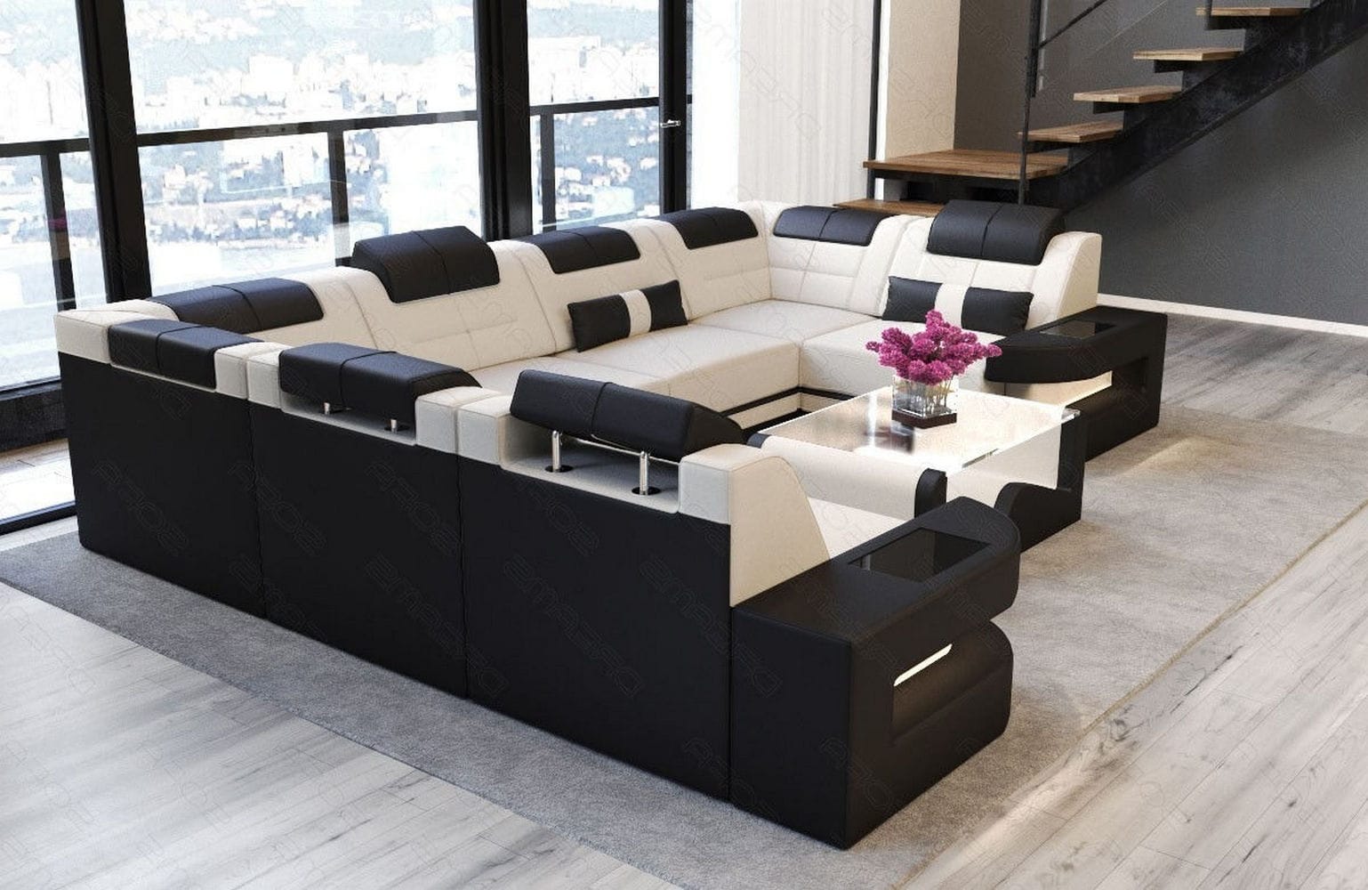 Stoff Wohnlandschaft Como U-Form mit LED Elfenbein-Schwarz