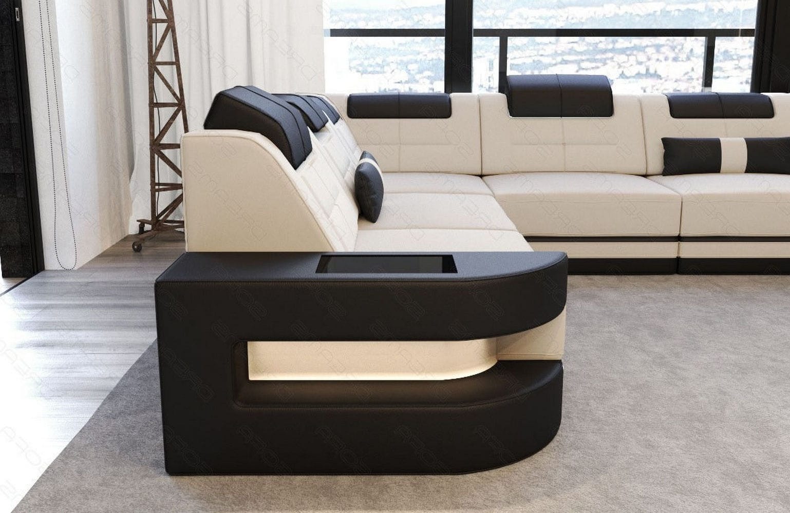 Stoff Wohnlandschaft Como U-Form mit LED Elfenbein-Schwarz