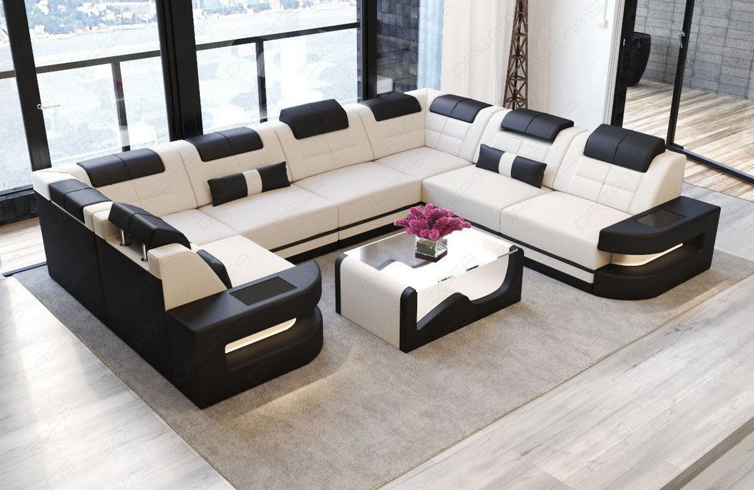 Stoff Wohnlandschaft Como U-Form mit LED Elfenbein-Schwarz