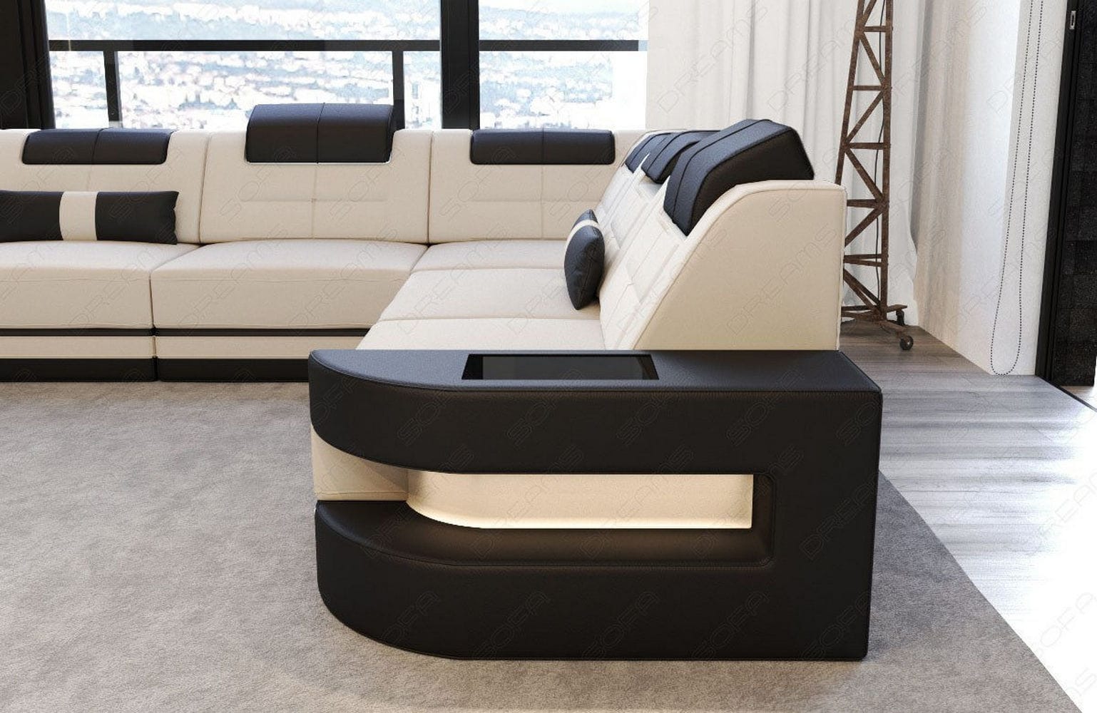 Stoff Wohnlandschaft Como U-Form mit LED Elfenbein-Schwarz