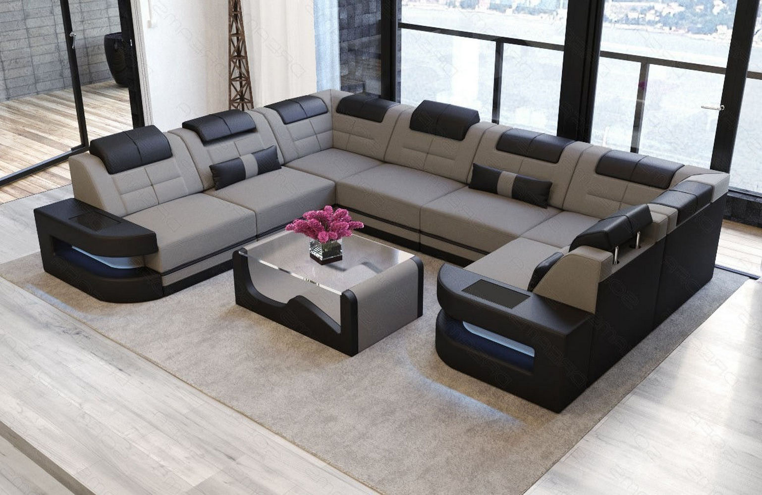 Stoff Wohnlandschaft Como U-Form mit LED