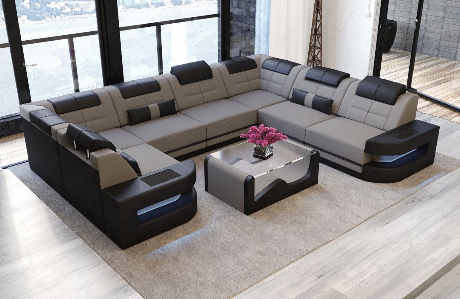Stoff Wohnlandschaft Como U-Form mit LED Hellgrau-Schwarz