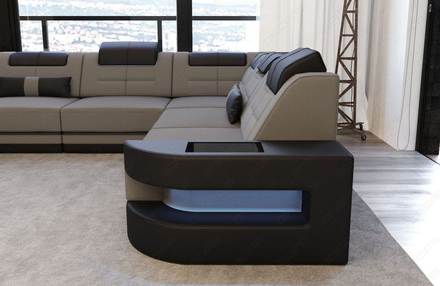 Stoff Wohnlandschaft Como U-Form mit LED Hellgrau-Schwarz