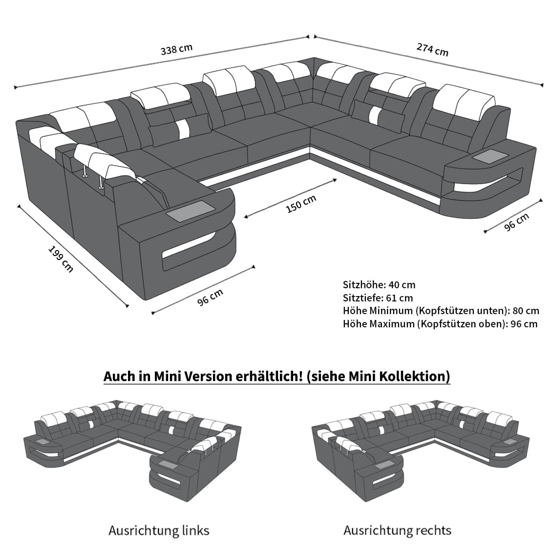 Stoff Wohnlandschaft Como U-Form mit LED Hellgrau-Schwarz