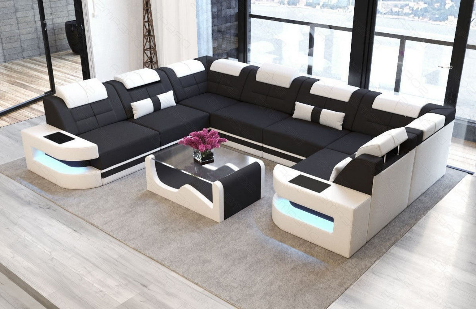 Stoff Wohnlandschaft Como U-Form mit LED