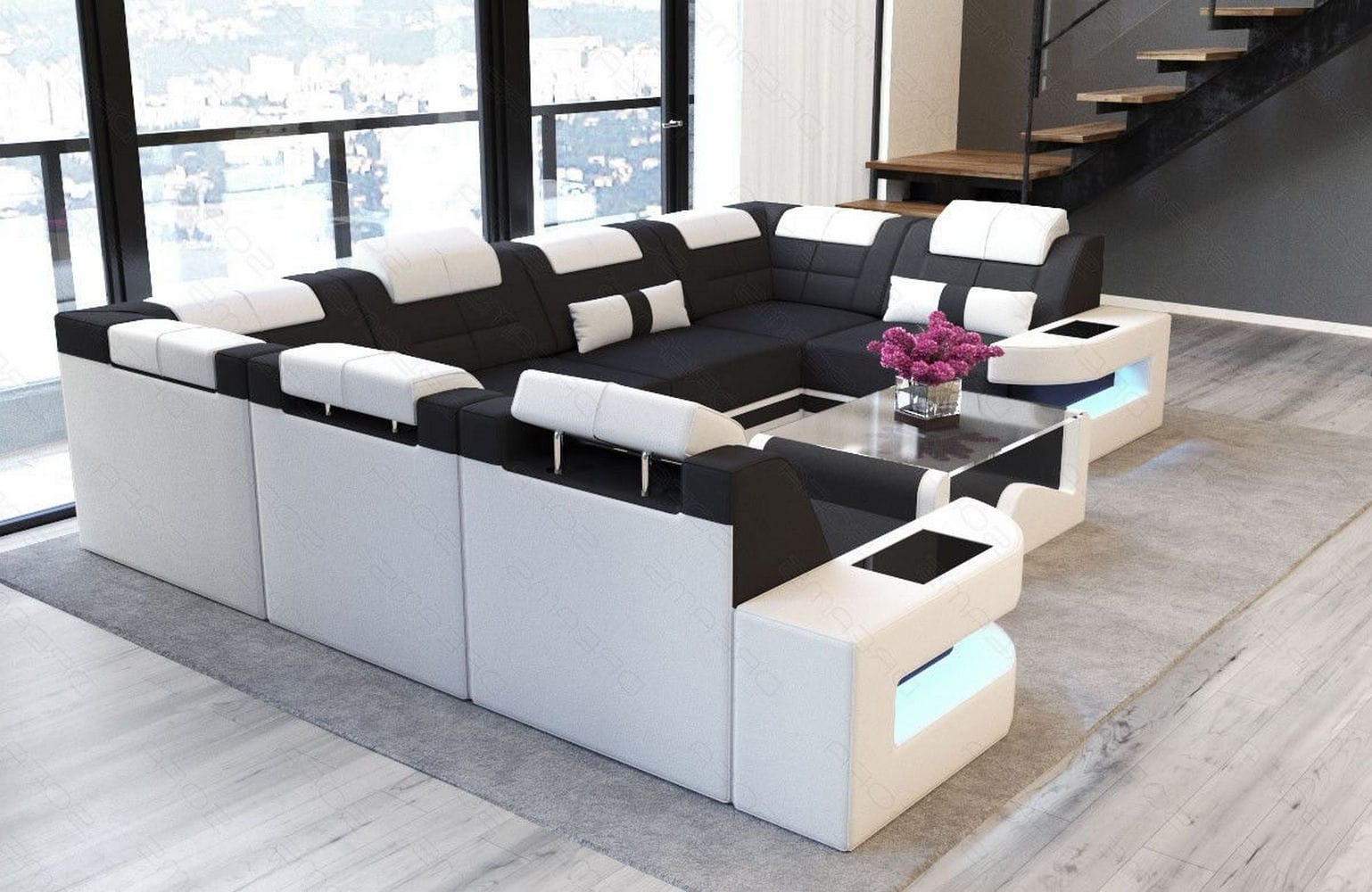Stoff Wohnlandschaft Como U-Form mit LED Schwarz-Weiß