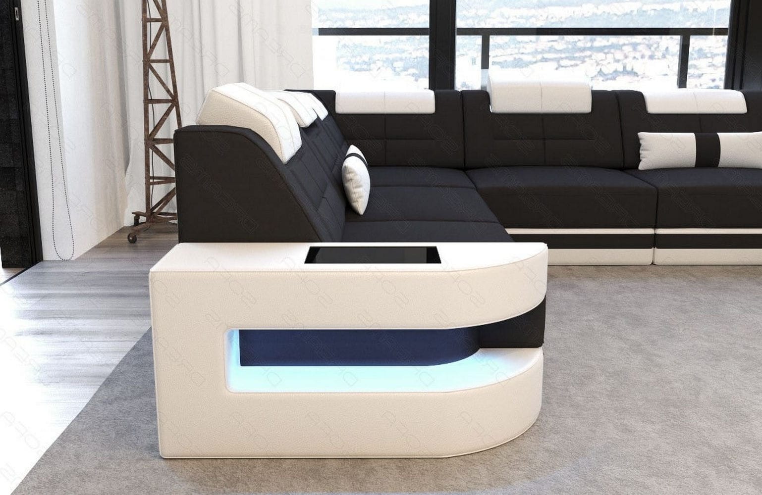 Stoff Wohnlandschaft Como U-Form mit LED Schwarz-Weiß