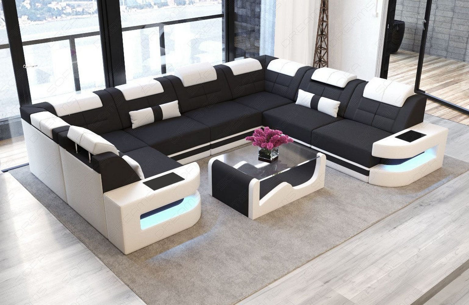 Stoff Wohnlandschaft Como U-Form mit LED Schwarz-Weiß