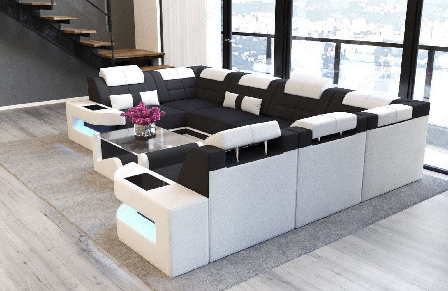 Stoff Wohnlandschaft Como U-Form mit LED Schwarz-Weiß