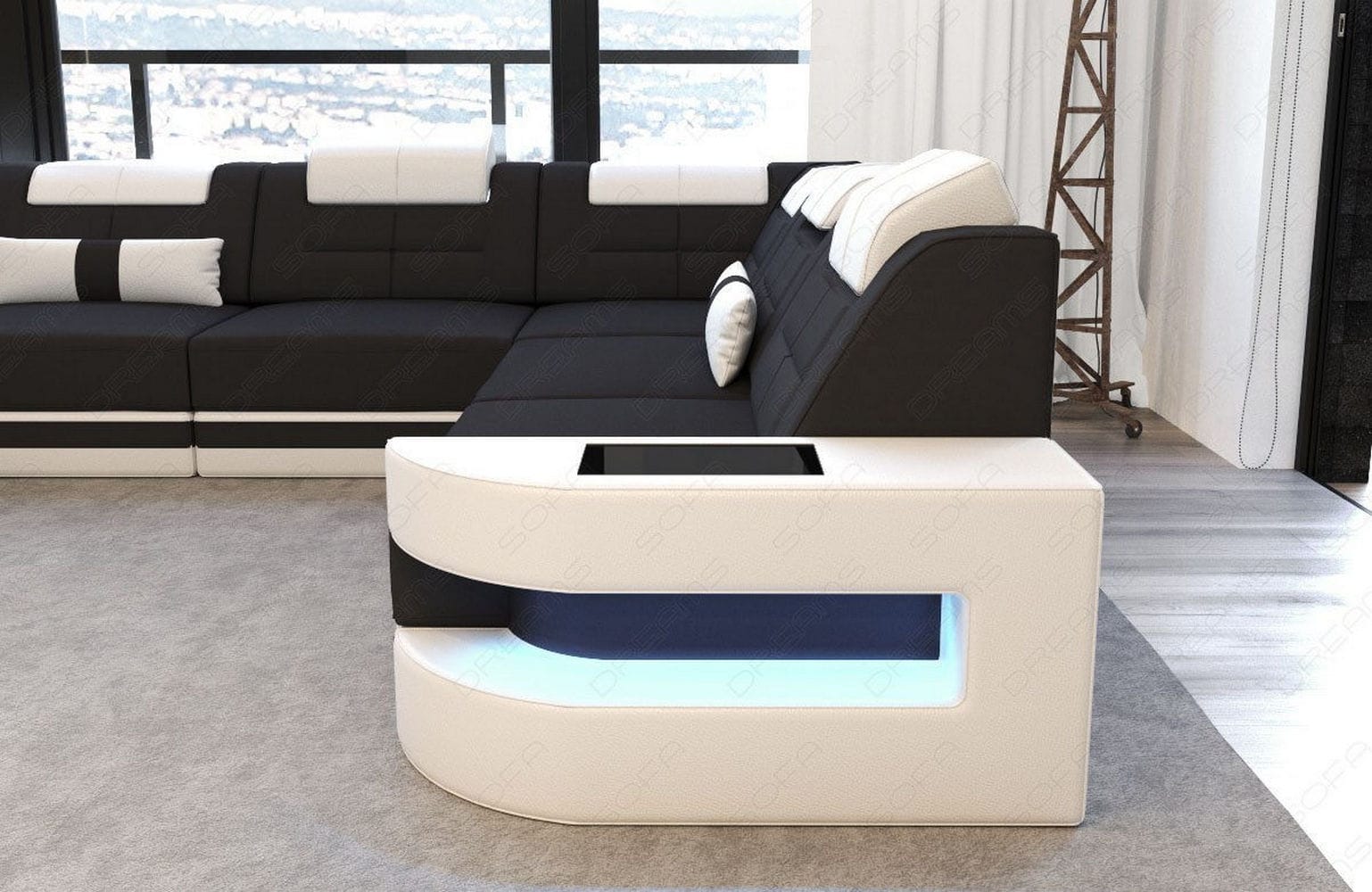 Stoff Wohnlandschaft Como U-Form mit LED Schwarz-Weiß