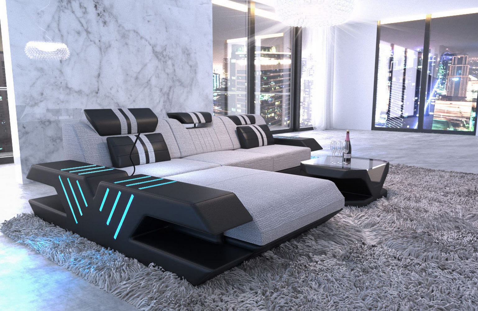Stoff Sofa Venedig L-Form mit LED Macchiato-Schwarz