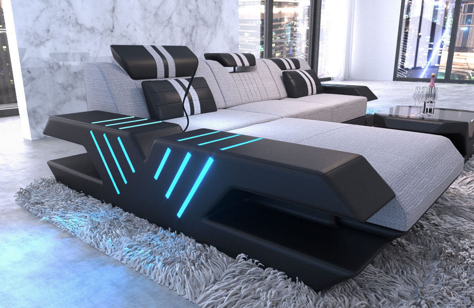 Stoff Sofa Venedig L-Form mit LED Macchiato-Schwarz