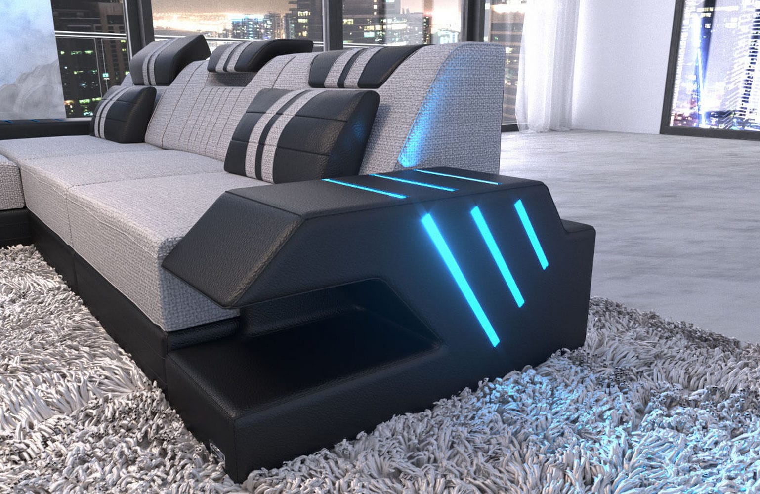 Stoff Sofa Venedig L-Form mit LED Macchiato-Schwarz