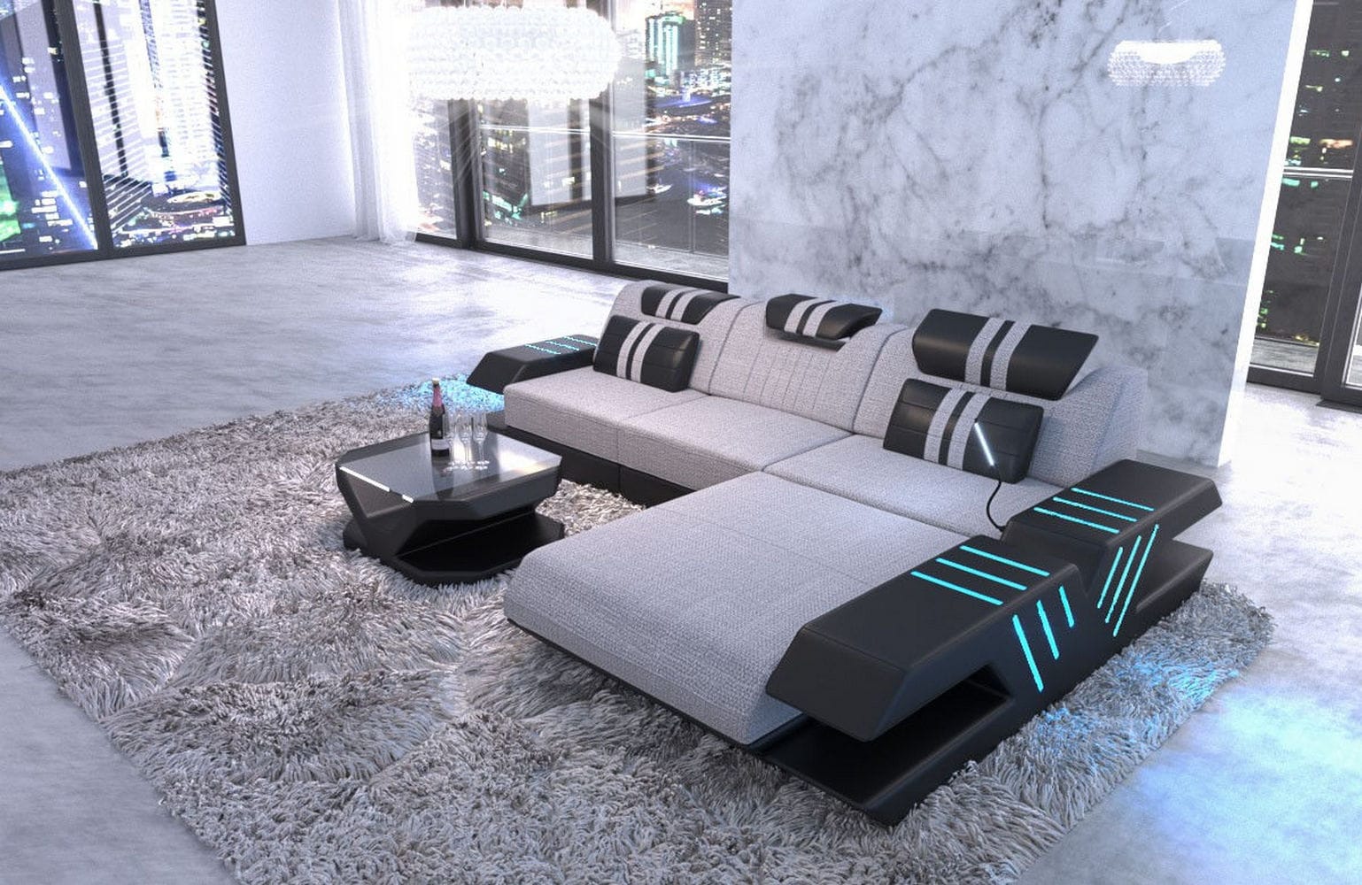 Stoff Sofa Venedig L-Form mit LED Macchiato-Schwarz