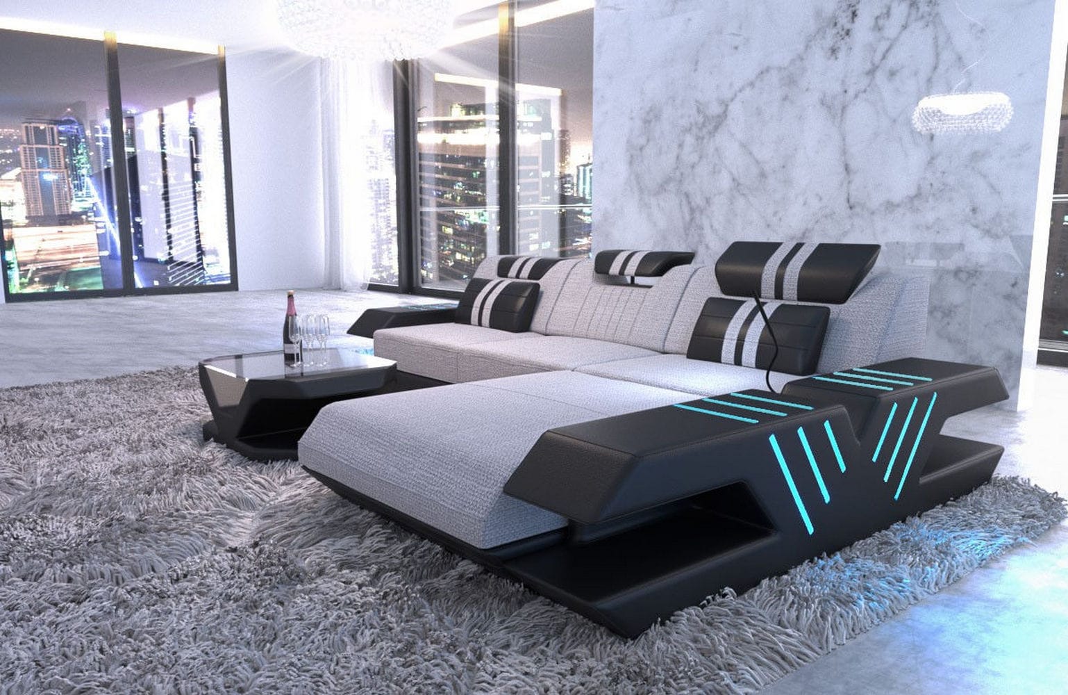 Stoff Sofa Venedig L-Form mit LED Macchiato-Schwarz