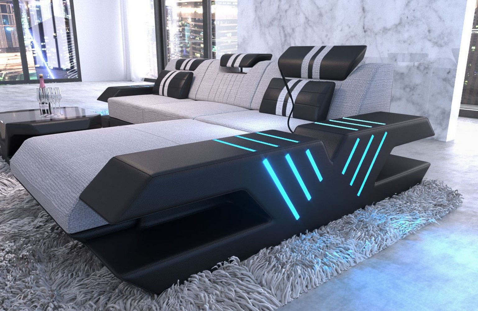Stoff Sofa Venedig L-Form mit LED Macchiato-Schwarz