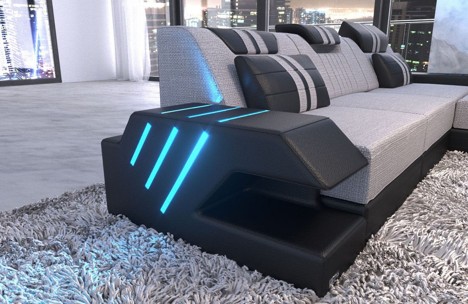 Stoff Sofa Venedig L-Form mit LED Macchiato-Schwarz