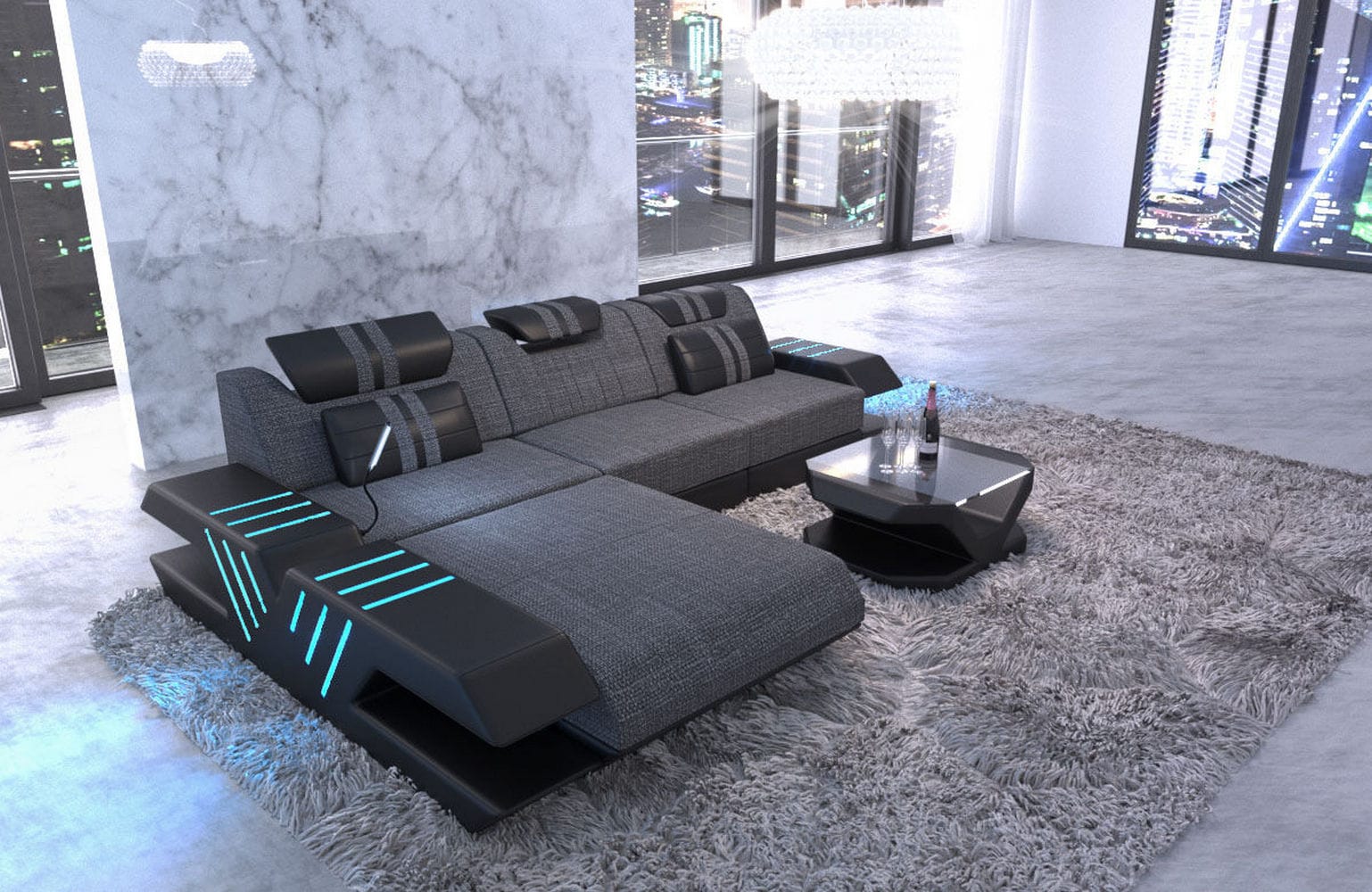 Stoff Sofa Venedig L-Form mit LED Grau-Schwarz