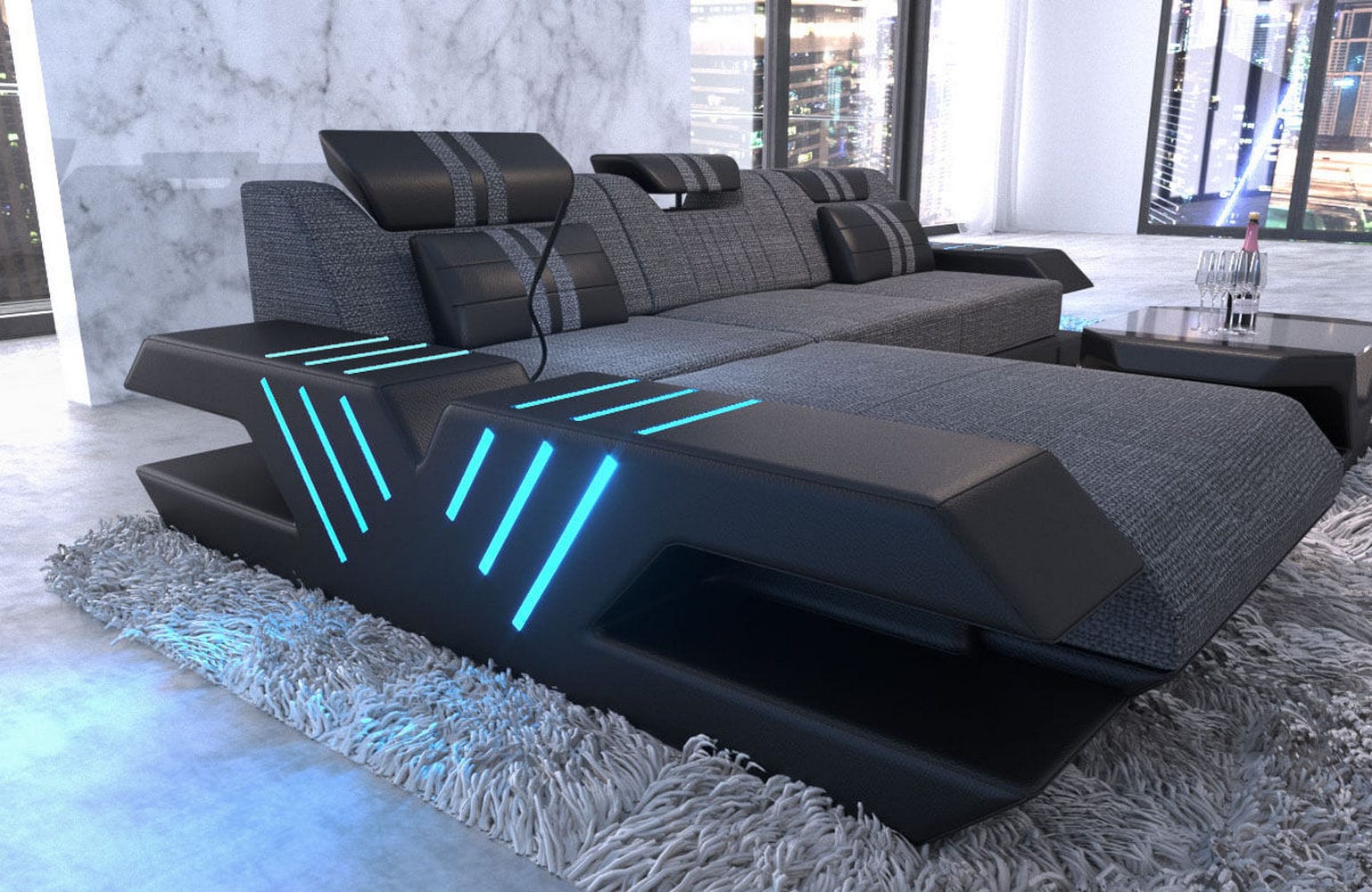Stoff Sofa Venedig L-Form mit LED Grau-Schwarz