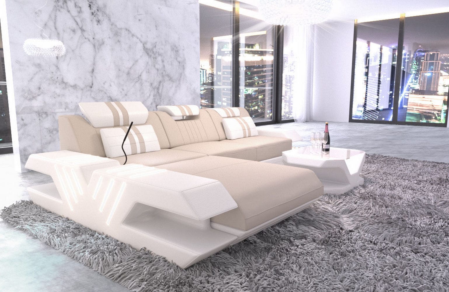 Stoff Sofa Venedig L-Form mit LED Elfenbein-Weiß