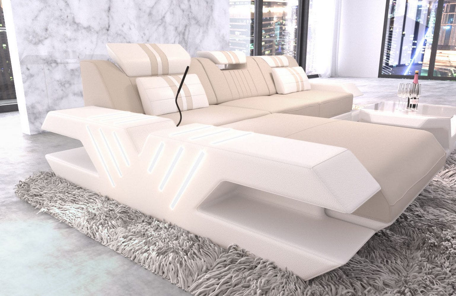 Stoff Sofa Venedig L-Form mit LED Elfenbein-Weiß