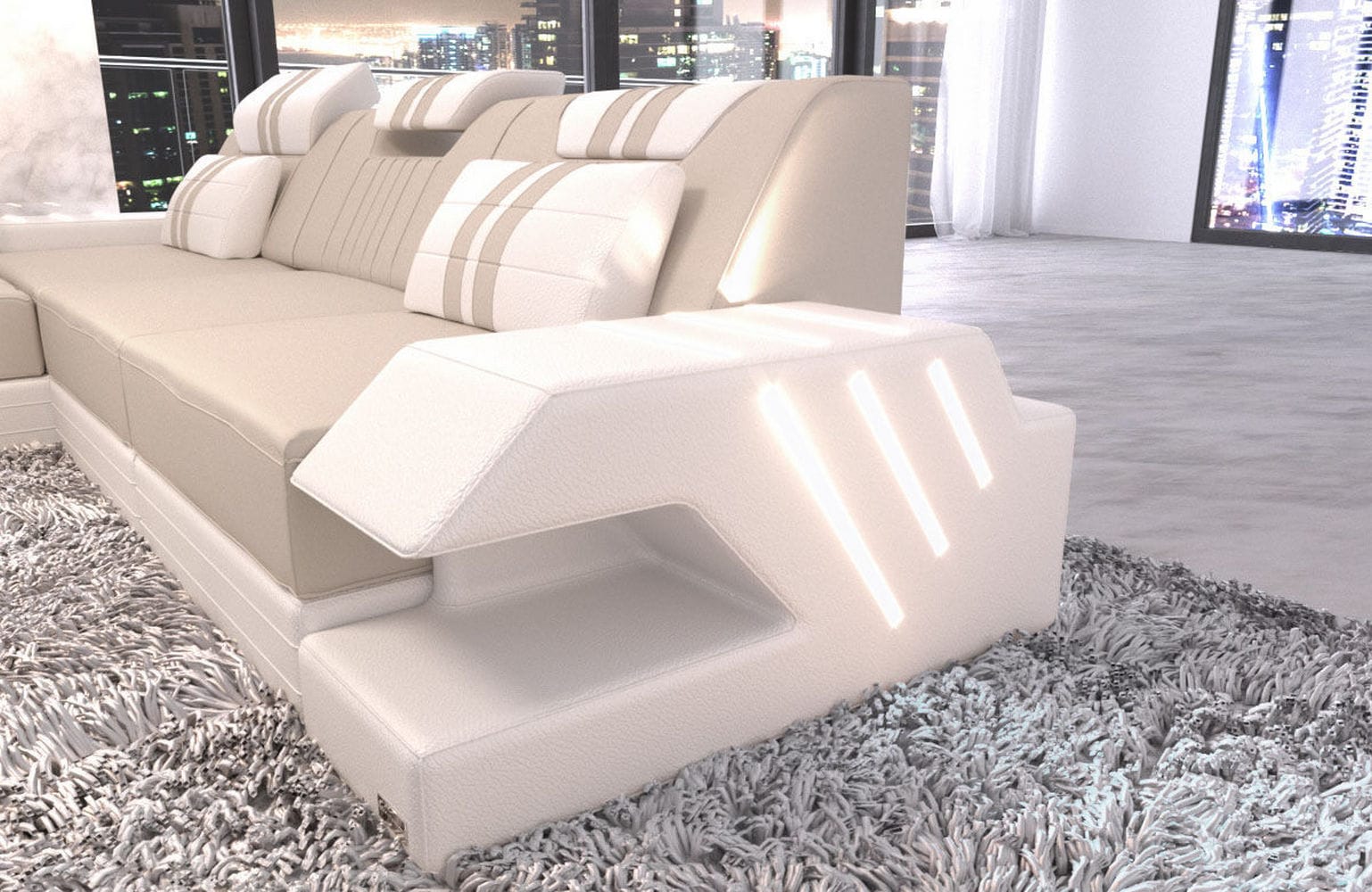 Stoff Sofa Venedig L-Form mit LED Elfenbein-Weiß