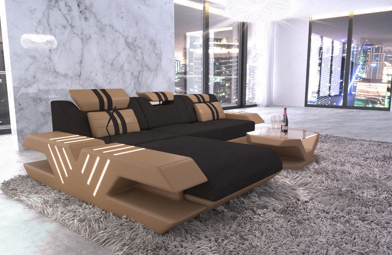 Stoff Sofa Venedig L-Form mit LED Schwarz-Sandbeige