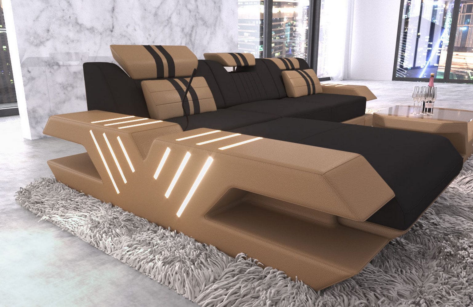 Stoff Sofa Venedig L-Form mit LED Schwarz-Sandbeige