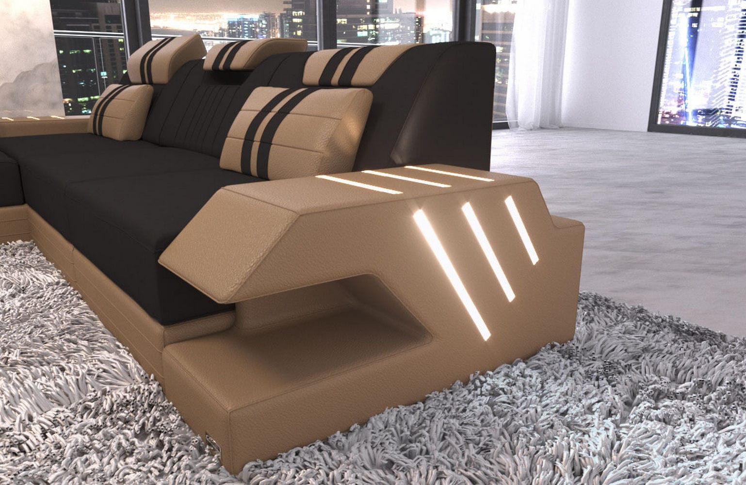 Stoff Sofa Venedig L-Form mit LED Schwarz-Sandbeige