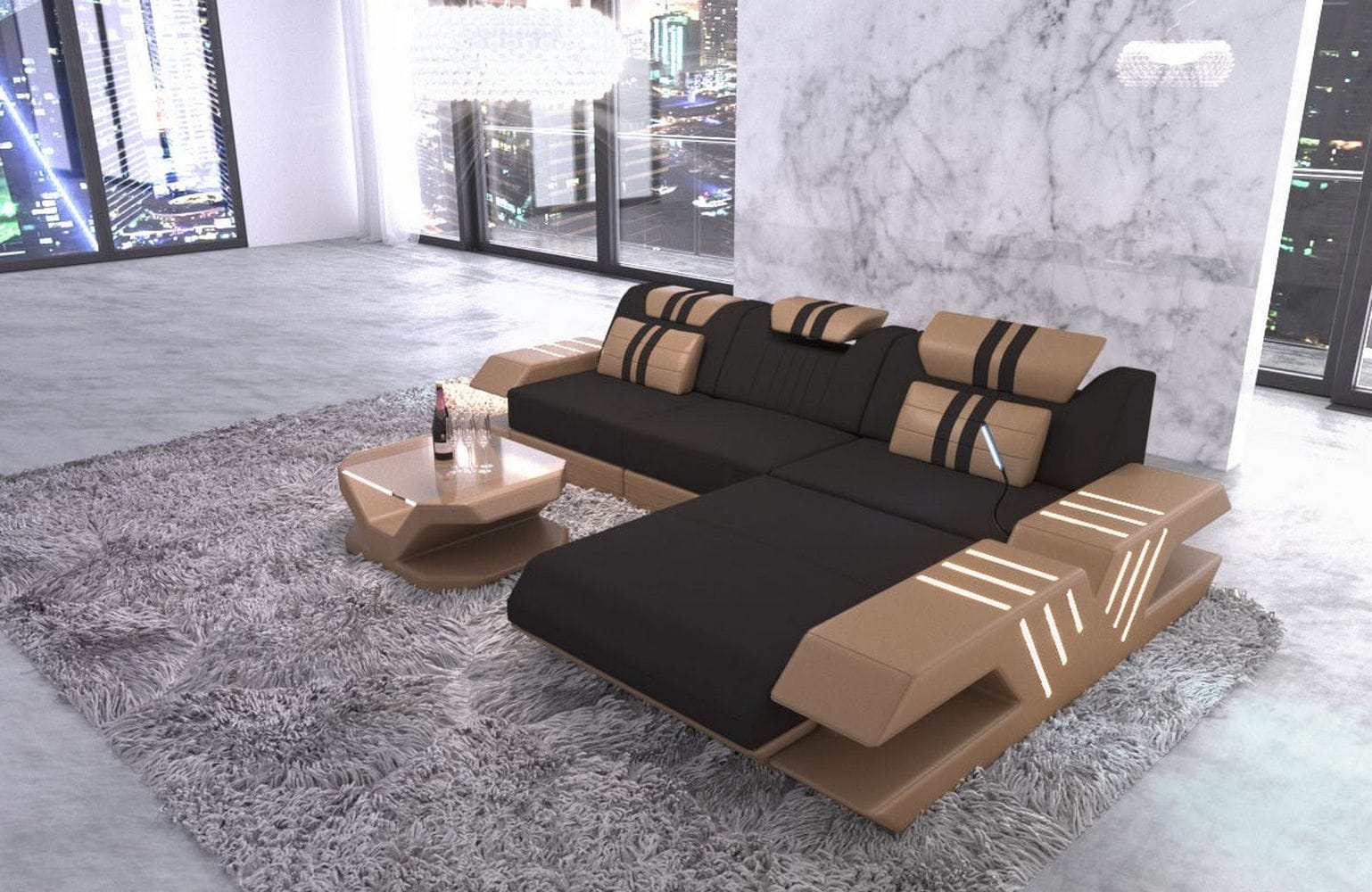 Stoff Sofa Venedig L-Form mit LED Schwarz-Sandbeige