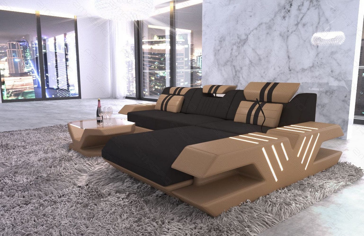 Stoff Sofa Venedig L-Form mit LED Schwarz-Sandbeige