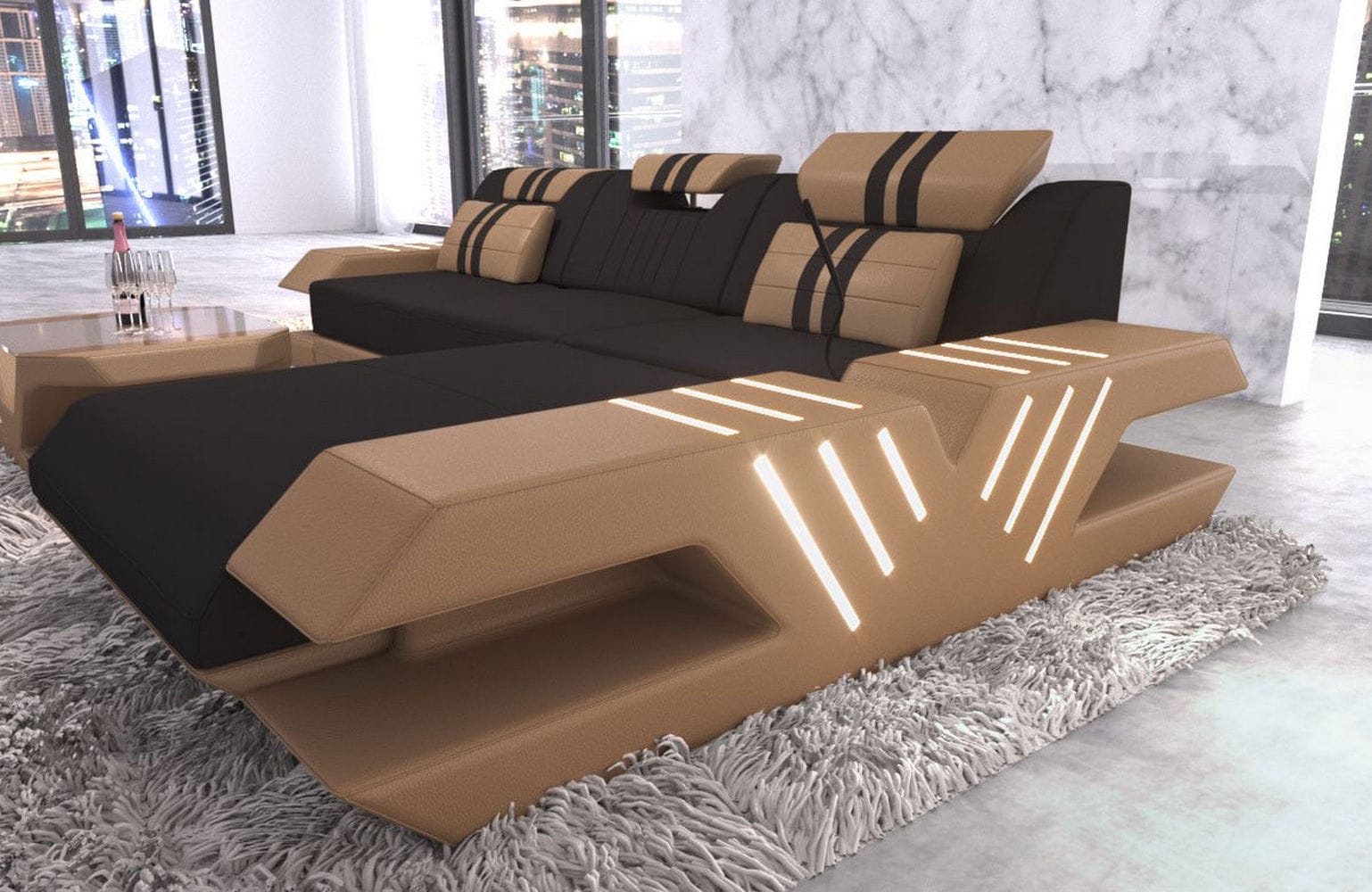Stoff Sofa Venedig L-Form mit LED Schwarz-Sandbeige