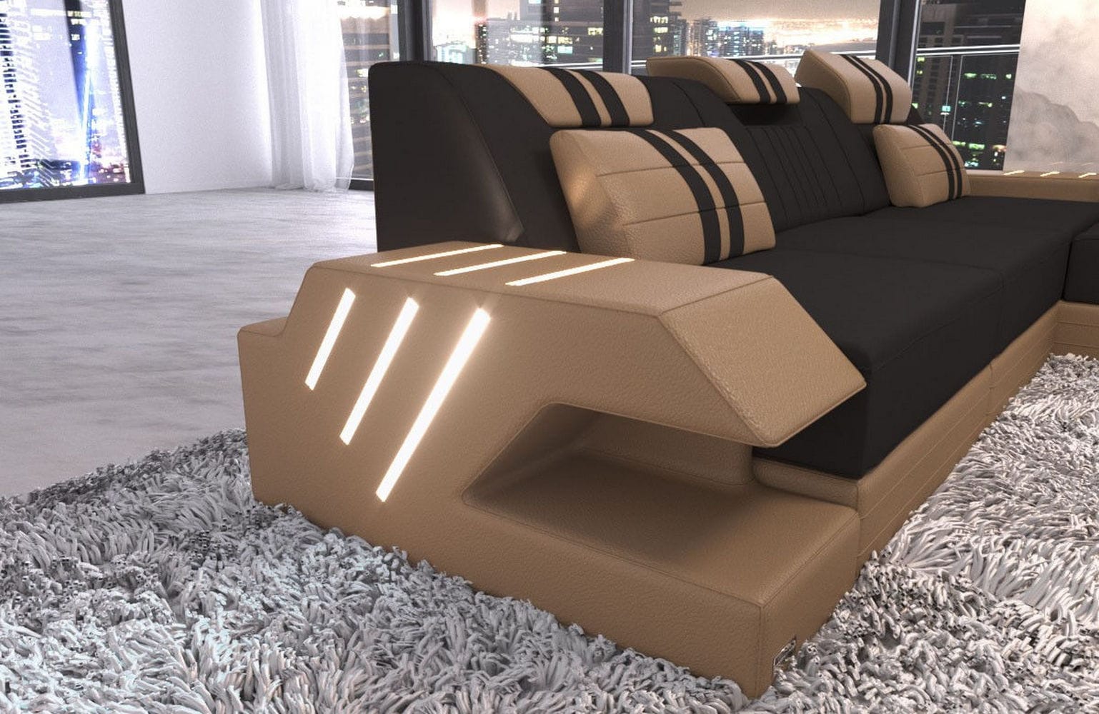 Stoff Sofa Venedig L-Form mit LED Schwarz-Sandbeige